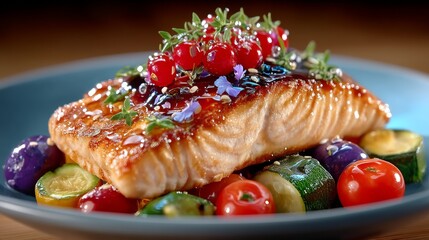Gourmet Salmon: This stunning, close-up shot spotlights a beautifully prepared salmon fillet, perfectly cooked and elegantly plated alongside colorful vegetables.