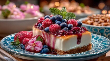 Cheesecake Paradise: A close-up of a delectable cheesecake adorned with a vibrant medley of fresh berries, exuding an aura of indulgence, artfully presented on a decorative plate.