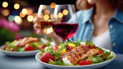 Romantic Meal with Wine: A close-up of an intimate dinner scene unfolds, showcasing a plate of fresh salad and grilled salmon paired with a glass of exquisite red wine.