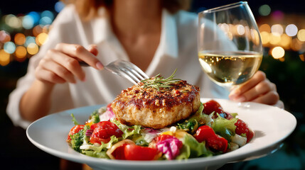 Gastronomic Delight: A culinary masterpiece of a perfectly cooked chicken breast atop a vibrant salad, accompanied by a glass of crisp, refreshing white wine, offering a feast for the senses.