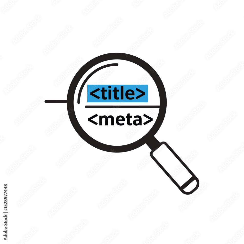 Poster magnifying glass focusing on title and meta tags in code