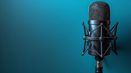 A dynamic professional microphone stands prominently against a vibrant blue backdrop, ready to enhance audio quality for music, podcasts, or public speaking events.