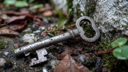 Fototapeta premium Old key rests on damp earth, surrounded by leaves and moss
