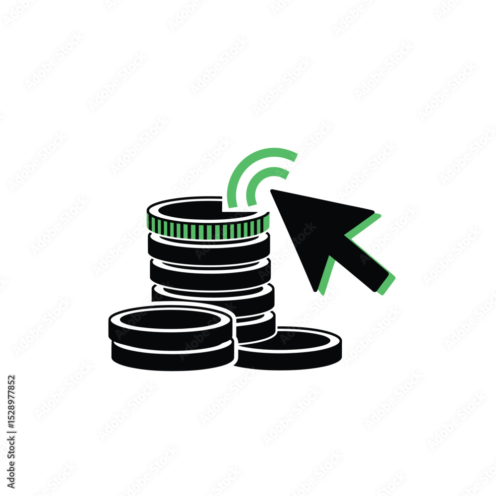 Poster online payment icon stack of coins click cursor