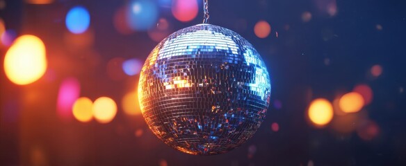 The shimmering disco ball reflecting colorful lights in a vibrant party atmosphere.