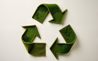 Recycling symbols crafted from textured, earth - toned materials, emphasizing the themes of environmental sustainability and waste reduction. High quality