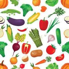 Seamless vector pattern featuring colorful, hand-drawn vegetables including carrots, tomatoes, broccoli, and more. Perfect for food packaging, kitchen textiles, menus, and eco-friendly designs.