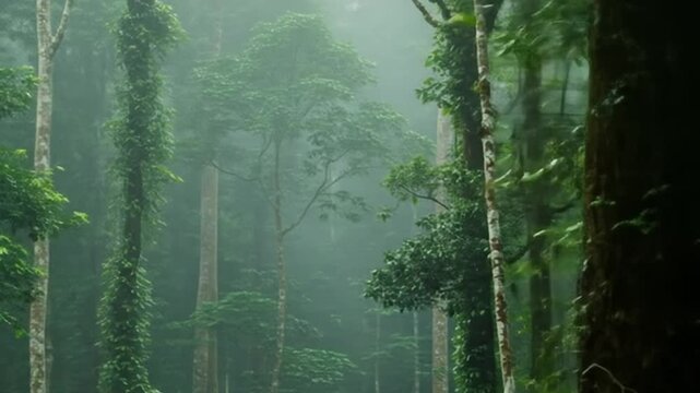 Misty rainforest trees canopy