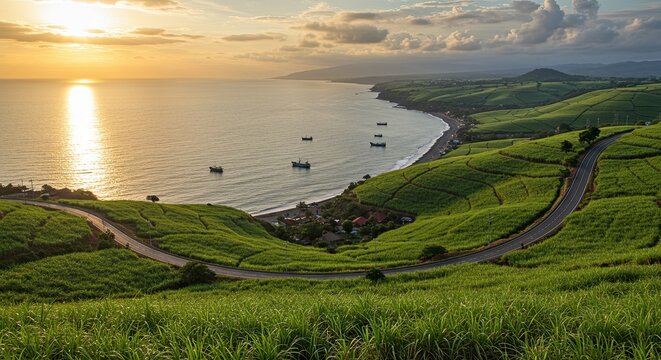 Scenic coastal road winding through lush green hills with ocean view at sunset