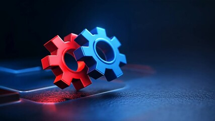 Blue and red mechanical gear symbol floating dark background, concept of technology, automation, and assembly line systems with smooth workflow