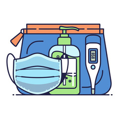 Essential Hygiene Kit: Flat-Style Illustration of Face Mask, Hand Sanitizer, and Thermometer