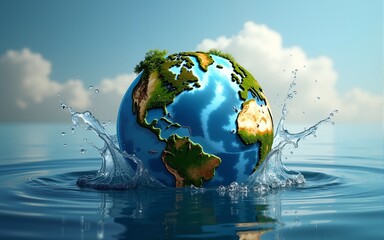 A symbolic representation of Earth emerging from water with splashes, highlighting environmental themes and global nature. High quality