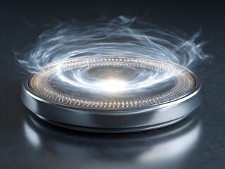 silver sci-fi wireless charging disk rotating glowing energy field reflective metallic texture editorial tech illustration