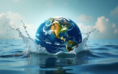 A symbolic representation of Earth emerging from water with splashes, highlighting environmental themes and global nature. High quality