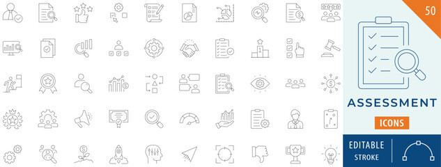 Assessment icon collection set. Contains analysis, inspecting, target, feedback, research, and more. Editable stroke.
