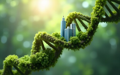 A vibrant, verdant DNA double helix houses a miniature cityscape, symbolizing the intricate connection between nature and urban development.  The image evokes themes of sustainability and bio-engineer