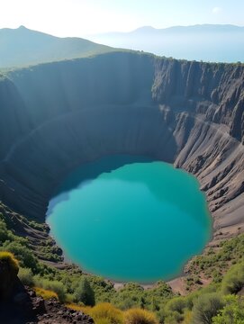 Volcanic Crater Lake concept as A tranquil crater lake formed in an ancient volcano surrounded