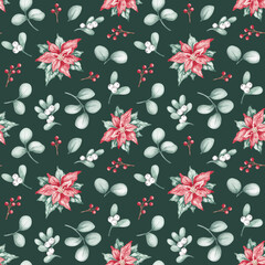 Christmas seamless pattern hand painted with watercolor. Traditional winter greenery - mistletoe, poinsettia, eucalyptus. Isolated on white. Print for card, invitation, banner, textile, fabric