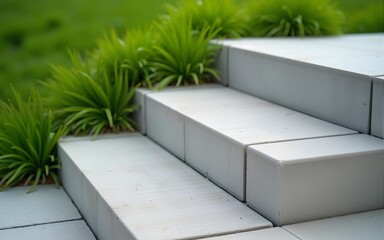 Concrete structure steps detail with horizontal lines and granular texture, contrasting with green grass. Ideal for landscape architecture, urban design, and sustainability themes in Brazil