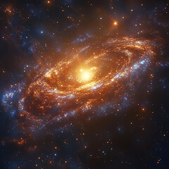 Bright Spiral Galaxy with Golden Core in Deep Space