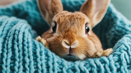 A cute bunny peeks from under a soft, blue knitted blanket, exuding an aura of innocence and warmth that captures the hearts of viewers in a charming, intimate setting.