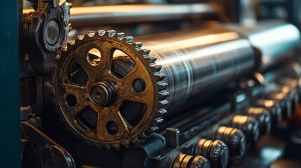 Fototapeta premium Close-up of a vintage printing press gear mechanism with metallic components and intricate details.