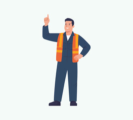 Worker giving instruction: A male worker wearing a safety vest and jumpsuit is giving an instruction with a pointing finger.