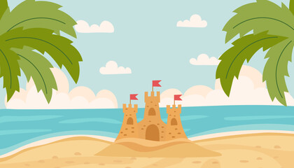 Sand castle on the seashore. Summer beach banner with palms leaves and sandy fortress. Vector background in flat style.