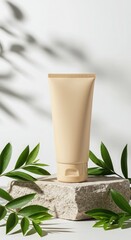 Beige Face Wash Tube on Natural Stone with Greenery on white background