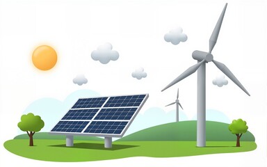 Renewable energy setup with solar panels and a wind turbine ideal for sustainability and eco-friendly themes isolated on transparent background, png. High quality