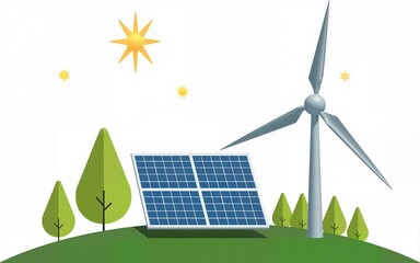 Renewable energy setup with solar panels and a wind turbine ideal for sustainability and eco-friendly themes isolated on transparent background, png. High quality