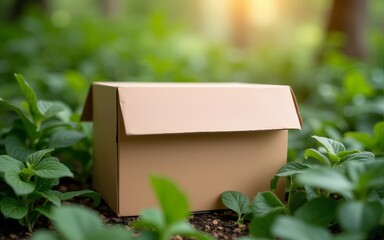 Cardboard box surrounded by lush greenery in a soft focus setting conveying eco-friendly delivery and packaging themes. High quality