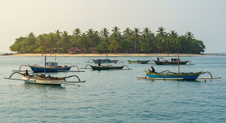 Obraz premium Scenic view of traditional boats floating near a tropical island with palm trees