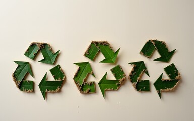 Recycling symbols crafted from textured, earth - toned materials, emphasizing the themes of environmental sustainability and waste reduction. High quality