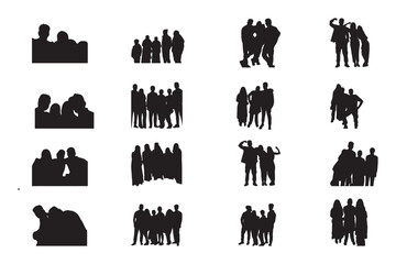 16 set of Group photos black silhouettes on white background. Each silhouette showcases different postures, angles, and types.