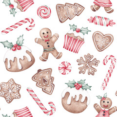 Christmas seamless pattern hand painted with watercolor. Traditional Xmas sweets  - gingerbreads, candies, cakes. Cute Christmas digital paper, textile, fabric, wallpaper