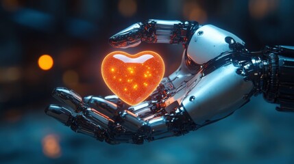Robotic Hand Gently Holding Glowing Heart AI Empathy and Technological Advancement Concept