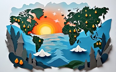 A paper collage depicting Planet Earth, highlighting the themes of climate change and global warming, with cut-out shapes and textures representing melting ice caps, rising temperatures environment