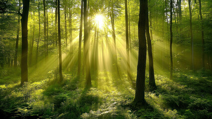 Obraz premium Sunlit forest with lush greenery, desktop wallpaper