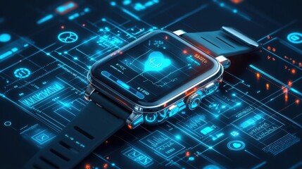 Futuristic Smartwatch Displaying Health Data Vital Signs on a Digital Interface