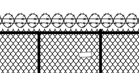 Black and White Chain Link Fence Topped with Barbed Wire with a Sign Attached to the Fence in Vector Format