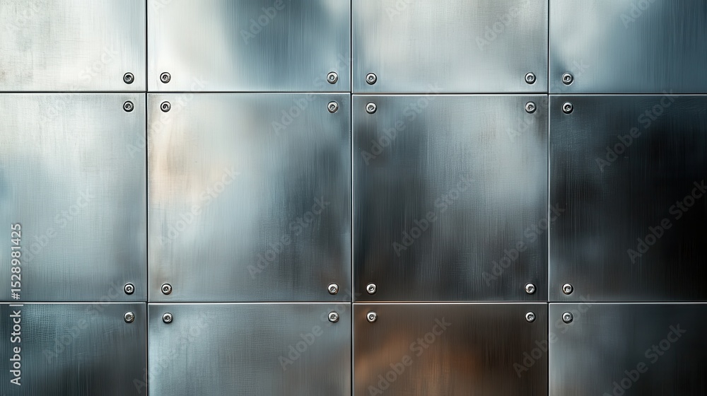 Aufkleber an abstract image of metallic wall panels arranged in a grid pattern, reflecting light and showcasin