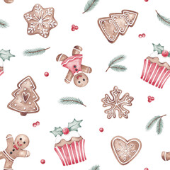 Christmas seamless pattern hand painted with watercolor. Traditional Xmas sweets, gingerbreads, winter plants. Cute Christmas digital paper, textile, fabric, wallpaper