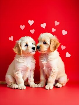 Valentines Day banner with Maltipoo puppies sit closely together and copy space. Love romantic dog red Background with empty place for text and hearts. Loving atmosphere with pets.