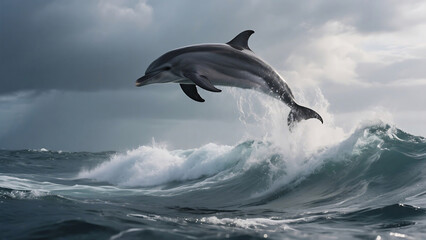 Striped dolphin leaping over ocean wave