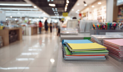 Colorful notebooks stacked on table in a well-lit stationery store with blurred background of customers browsing supplies in retail shop. Shopping for office supplies for the start of the school year.