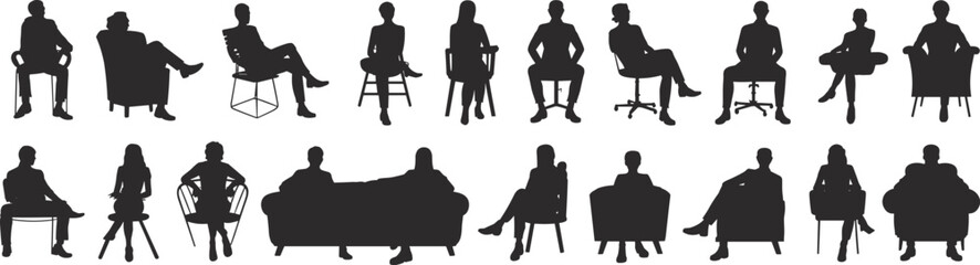 Diverse Collection of People Silhouettes Sitting in Chairs and Sofas: Various Poses Representing Relaxation, Conversation, and Waiting, Ideal Vector Illustrations for Public Spaces