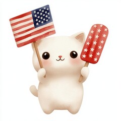 Cute cat holding American flag and red white blue popsicle kawaii 4th of July watercolor clipart. Adorable feline patriot enjoying summer treat festive independence day imagery delightful