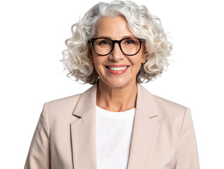 Professional Woman with Curly Hair and Glasses.