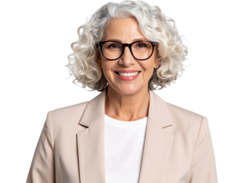 Professional Woman with Curly Hair and Glasses.